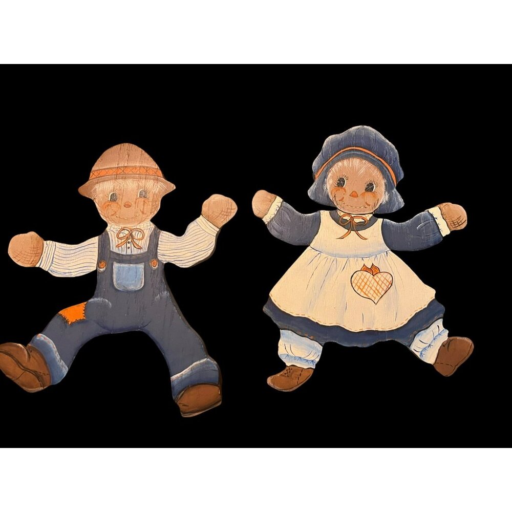 VTG Handpainted Wood Scarecrow Dolls Each 10"x8" Finely Painted Great Condition